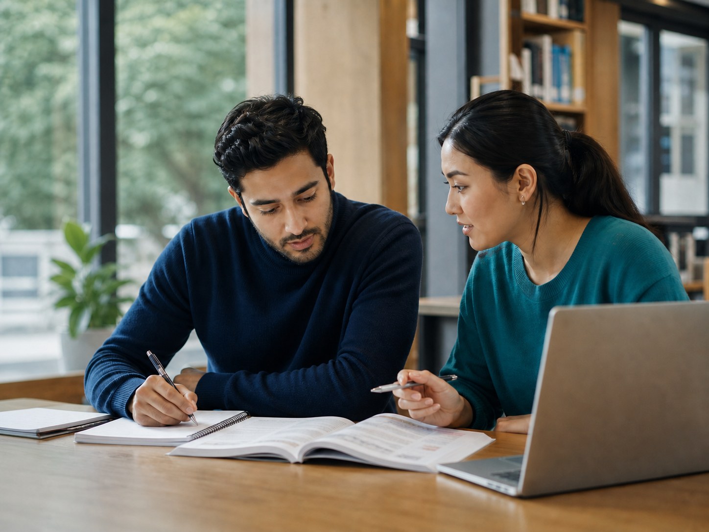 Two adult IELTS candidates studying together in a university library